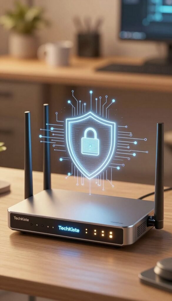 A close-up view of a modern router integrated with a digital firewall interface, showcasing its sleek design and illuminated LED indicators. In the foreground, display the router prominently, surrounded by a warm, soft lighting that highlights its features. The middle layer presents an abstract digital shield symbolizing cybersecurity, with intricate circuit patterns radiating from it. In the background, subtly blurred elements of a home office environment filled with tech gadgets and devices, creating a professional atmosphere. The overall color palette is warm and inviting, emphasizing security and reliability. The brand name "TechKiste" subtly integrated into the design without any text overlays.