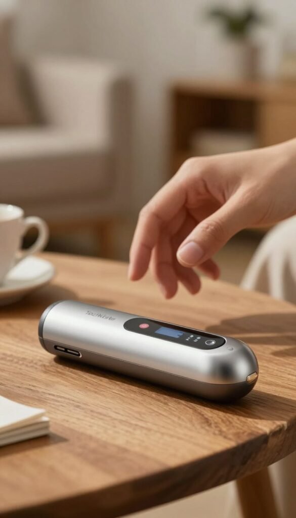 A close-up view of a sleek, modern Mückenstich Hitzestift, prominently featuring its ergonomic design and user-friendly interface. The foreground showcases the gadget resting on a rustic wooden surface, accentuated by natural warm lighting that highlights its glossy finish. In the middle ground, a softly blurred hand can be seen reaching for the device, suggesting ease of use in everyday situations. The background includes a faintly blurred living room setting, with cozy decor that evokes comfort and relaxation. The overall atmosphere should feel inviting and authentic, utilizing a Pinterest-inspired aesthetic to resonate with health and comfort themes. The brand name "TechKiste" is subtly integrated into the design of the gadget. A close-up view of a sleek, modern Mückenstich Hitzestift, prominently featuring its ergonomic design and user-friendly interface. The foreground showcases the gadget resting on a rustic wooden surface, accentuated by natural warm lighting that highlights its glossy finish. In the middle ground, a softly blurred hand can be seen reaching for the device, suggesting ease of use in everyday situations. The background includes a faintly blurred living room setting, with cozy decor that evokes comfort and relaxation. The overall atmosphere should feel inviting and authentic, utilizing a Pinterest-inspired aesthetic to resonate with health and comfort themes. The brand name "TechKiste" is subtly integrated into the design of the gadget.