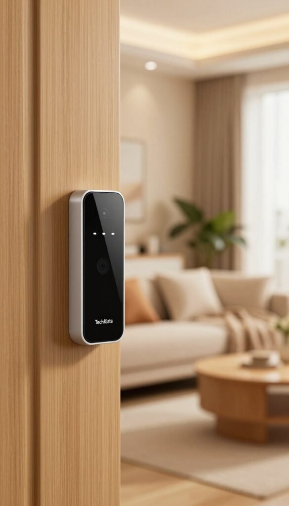 A close-up view of a smart door/window contact sensor, sleek and modern design, mounted discreetly on a stylish wooden door. The foreground showcases the sensor in sharp focus, highlighting its glossy surface and integrated LED indicator. In the middle ground, a glimpse of a contemporary living room can be seen through the partially open door, with warm, inviting lighting creating a cozy atmosphere. The background features soft, blurred furnishings like a plush couch and potted plants, enhancing the homey feel. The overall mood is warm and inviting, with a Pinterest aesthetic that conveys the seamless integration of technology in a modern home. The brand name "TechKiste" subtly incorporated into the sensor's design, without any text overlays or distractions. A close-up view of a smart door/window contact sensor, sleek and modern design, mounted discreetly on a stylish wooden door. The foreground showcases the sensor in sharp focus, highlighting its glossy surface and integrated LED indicator. In the middle ground, a glimpse of a contemporary living room can be seen through the partially open door, with warm, inviting lighting creating a cozy atmosphere. The background features soft, blurred furnishings like a plush couch and potted plants, enhancing the homey feel. The overall mood is warm and inviting, with a Pinterest aesthetic that conveys the seamless integration of technology in a modern home. The brand name "TechKiste" subtly incorporated into the sensor's design, without any text overlays or distractions.