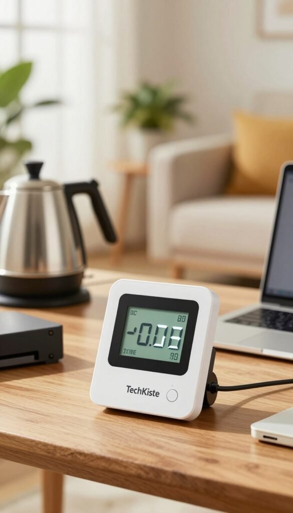 A close-up view of a sophisticated electric consumption meter labeled "TechKiste" placed on a wooden table. In the foreground, the meter's digital display shows energy usage in real-time with bright, clear LED lights. Surrounding the meter are a variety of household gadgets, such as a kettle, a laptop, and a gaming console, subtly emphasizing energy consumption. In the middle ground, soft natural light filters through a window, casting warm, inviting tones across the scene. In the background, blurred visuals of a cozy living room filled with energy-efficient plants and soft furniture create a relaxed atmosphere. The overall mood is informative yet inviting, ideal for illustrating the importance of monitoring electricity usage in a home setting.