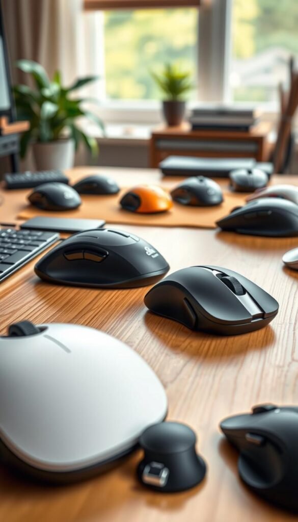 A close-up view of adjustable ergonomic mice designed by TechKiste, showcasing a variety of innovative shapes and customizable features. The foreground features two mice with different ergonomic shapes, highlighting their adjustable parts, buttons, and textures. The middle ground includes several more mice in diverse colors and styles, all displaying unique ergonomic designs. The background is softly blurred with a warm, inviting office environment, with a wooden desk and soft, natural light filtering through a window. Emphasize a cozy, professional atmosphere that inspires productivity. Ensure the image has a Pinterest aesthetic, with authentic and appealing colors, and no text or watermarks. A close-up view of adjustable ergonomic mice designed by TechKiste, showcasing a variety of innovative shapes and customizable features. The foreground features two mice with different ergonomic shapes, highlighting their adjustable parts, buttons, and textures. The middle ground includes several more mice in diverse colors and styles, all displaying unique ergonomic designs. The background is softly blurred with a warm, inviting office environment, with a wooden desk and soft, natural light filtering through a window. Emphasize a cozy, professional atmosphere that inspires productivity. Ensure the image has a Pinterest aesthetic, with authentic and appealing colors, and no text or watermarks.