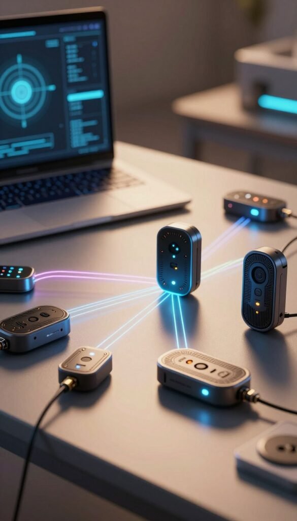 A close-up view of advanced "messkette sensoren" showcased on a sleek, modern surface. In the foreground, several compact, cutting-edge sensors are arranged artistically, each with intricate designs and illuminated LED indicators. The middle ground features an abstract representation of data flow, depicted as vibrant, glowing lines connecting the sensors and illustrating communication. In the background, a softly blurred digital interface displays sensor analytics, hinting at smart technology integration. The lighting is warm and inviting, casting subtle shadows that enhance the depth of the objects. The overall atmosphere conveys innovation and sophistication, embodying the utility and functionality of smart sensors. The brand "TechKiste" is subtly integrated into the image without any text. A close-up view of advanced "messkette sensoren" showcased on a sleek, modern surface. In the foreground, several compact, cutting-edge sensors are arranged artistically, each with intricate designs and illuminated LED indicators. The middle ground features an abstract representation of data flow, depicted as vibrant, glowing lines connecting the sensors and illustrating communication. In the background, a softly blurred digital interface displays sensor analytics, hinting at smart technology integration. The lighting is warm and inviting, casting subtle shadows that enhance the depth of the objects. The overall atmosphere conveys innovation and sophistication, embodying the utility and functionality of smart sensors. The brand "TechKiste" is subtly integrated into the image without any text.