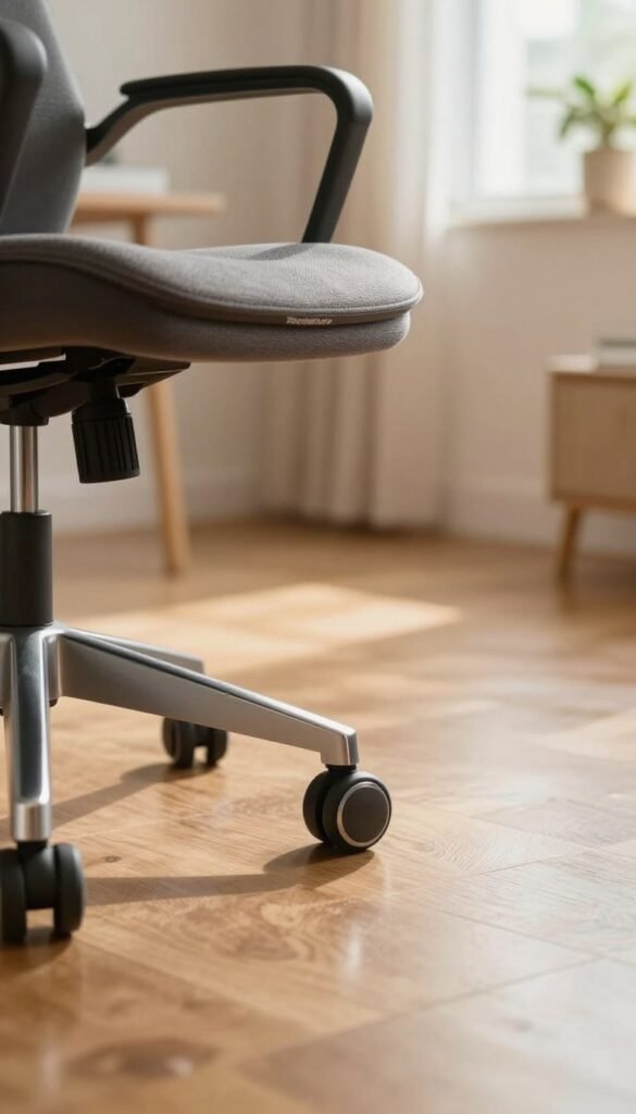 A close-up view of an elegant home office chair featuring specialized rollen (wheels) designed for both hard and soft flooring. In the foreground, show two types of wheels: one made for hard floors, gleaming with a sleek modern design, and another softer wheel designed for carpets, showcasing a bit of texture. In the middle ground, depict a polished wooden floor that reflects the warm light illuminating the scene, creating a cozy, inviting atmosphere. The background should include a subtle home office setting with natural light streaming through a window, highlighting plants and minimalistic decor. Capture this scene with a soft focus lens effect, evoking a Pinterest aesthetic that feels both authentic and stylish. Include the brand name "TechKiste" subtly within the design, without disrupting the visual harmony. A close-up view of an elegant home office chair featuring specialized rollen (wheels) designed for both hard and soft flooring. In the foreground, show two types of wheels: one made for hard floors, gleaming with a sleek modern design, and another softer wheel designed for carpets, showcasing a bit of texture. In the middle ground, depict a polished wooden floor that reflects the warm light illuminating the scene, creating a cozy, inviting atmosphere. The background should include a subtle home office setting with natural light streaming through a window, highlighting plants and minimalistic decor. Capture this scene with a soft focus lens effect, evoking a Pinterest aesthetic that feels both authentic and stylish. Include the brand name "TechKiste" subtly within the design, without disrupting the visual harmony.