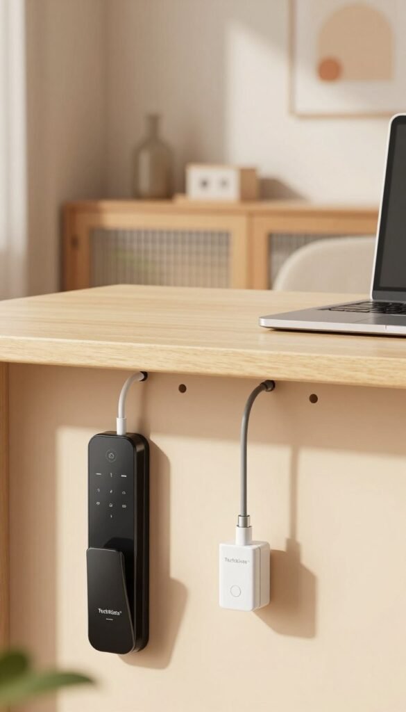 A close-up view of an elegantly organized workspace featuring drilled holes for cable management and sleek cable conduits, seamlessly integrated into a modern home environment. In the foreground, a smart door lock is showcased, its design reflecting advanced technology with a user-friendly interface. The middle layer highlights a warm, inviting color palette, emphasizing natural lighting that casts gentle shadows, enhancing the home's cozy atmosphere. The background reveals a stylish interior with subtle decorations, evoking a Pinterest-worthy aesthetic. The brand "TechKiste" is subtly integrated into the design elements without any text. The scene conveys a sense of innovation and practicality, perfect for showcasing modern, tenant-friendly smart home solutions. A close-up view of an elegantly organized workspace featuring drilled holes for cable management and sleek cable conduits, seamlessly integrated into a modern home environment. In the foreground, a smart door lock is showcased, its design reflecting advanced technology with a user-friendly interface. The middle layer highlights a warm, inviting color palette, emphasizing natural lighting that casts gentle shadows, enhancing the home's cozy atmosphere. The background reveals a stylish interior with subtle decorations, evoking a Pinterest-worthy aesthetic. The brand "TechKiste" is subtly integrated into the design elements without any text. The scene conveys a sense of innovation and practicality, perfect for showcasing modern, tenant-friendly smart home solutions.