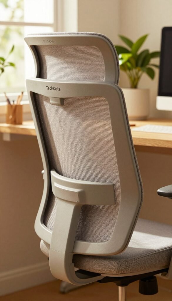 A close-up view of an ergonomic office chair's backrest, showcasing its contoured design for lumbar support. The chair features a sleek, modern aesthetic with breathable fabric in warm neutral tones and subtle stitching details. In the foreground, focus on the curve of the backrest, emphasizing its support for proper posture. The middle ground includes a clean wooden desk with minimal office supplies, hinting at a productive home office environment. In the background, soft natural light filters through a window, creating a warm and inviting atmosphere with green plants for added warmth and comfort. The image embodies authenticity and a Pinterest-inspired aesthetic, styled for the brand "TechKiste". A close-up view of an ergonomic office chair's backrest, showcasing its contoured design for lumbar support. The chair features a sleek, modern aesthetic with breathable fabric in warm neutral tones and subtle stitching details. In the foreground, focus on the curve of the backrest, emphasizing its support for proper posture. The middle ground includes a clean wooden desk with minimal office supplies, hinting at a productive home office environment. In the background, soft natural light filters through a window, creating a warm and inviting atmosphere with green plants for added warmth and comfort. The image embodies authenticity and a Pinterest-inspired aesthetic, styled for the brand "TechKiste".