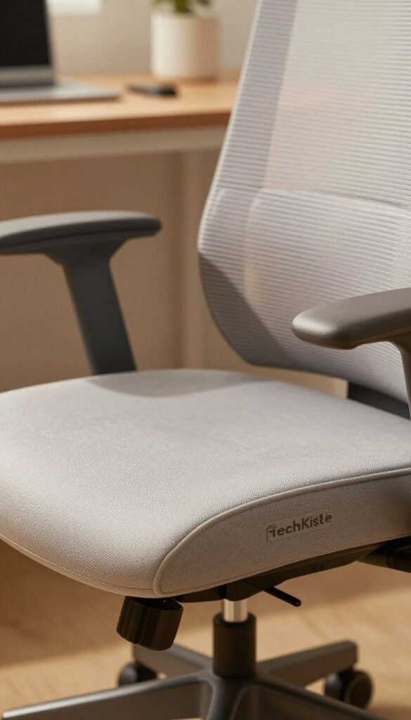 A close-up view of an ergonomic office chair's seat, showcasing the "sitzfläche" (seat surface) with a modern, sleek design by "TechKiste". The seat is upholstered in a soft, breathable fabric with a neutral tone, emphasizing comfort and support. In the foreground, the texture of the fabric is highlighted, showing subtle stitching details. In the middle ground, the chair’s adjustable lever and base are visible, hinting at its ergonomic features. The background features a softly blurred home office environment with warm lighting, creating an inviting atmosphere. The image captures a professional and functional vibe, perfect for a workspace, with natural colors and a Pinterest-inspired aesthetic. A close-up view of an ergonomic office chair's seat, showcasing the "sitzfläche" (seat surface) with a modern, sleek design by "TechKiste". The seat is upholstered in a soft, breathable fabric with a neutral tone, emphasizing comfort and support. In the foreground, the texture of the fabric is highlighted, showing subtle stitching details. In the middle ground, the chair’s adjustable lever and base are visible, hinting at its ergonomic features. The background features a softly blurred home office environment with warm lighting, creating an inviting atmosphere. The image captures a professional and functional vibe, perfect for a workspace, with natural colors and a Pinterest-inspired aesthetic.