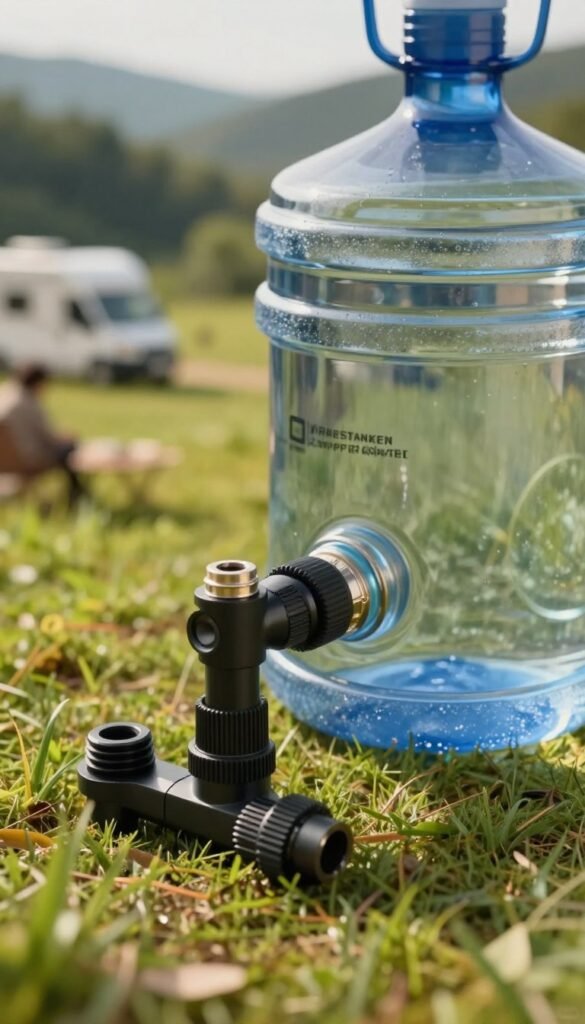 A close-up view of the "Wassertanken Camper Adapter" set from TechKiste, showcasing the adapter pieces with intricate details. The foreground features the adapter set against a vibrant, nature-inspired backdrop. In the middle, display a clear plastic water jug partially filled, connected to the adapter, illustrating its functional design. The background includes a blurred image of a scenic campsite, with lush greenery and a distant camper van, evoking a sense of adventure and freedom. Soft, warm lighting illuminates the scene, creating a cozy and inviting mood. The lens captures a slight depth of field, emphasizing the adapter while maintaining a calming, relaxed atmosphere, perfect for outdoor enthusiasts. The image should be authentic, with no text or branding apart from the TechKiste logo subtly integrated into the product design. A close-up view of the "Wassertanken Camper Adapter" set from TechKiste, showcasing the adapter pieces with intricate details. The foreground features the adapter set against a vibrant, nature-inspired backdrop. In the middle, display a clear plastic water jug partially filled, connected to the adapter, illustrating its functional design. The background includes a blurred image of a scenic campsite, with lush greenery and a distant camper van, evoking a sense of adventure and freedom. Soft, warm lighting illuminates the scene, creating a cozy and inviting mood. The lens captures a slight depth of field, emphasizing the adapter while maintaining a calming, relaxed atmosphere, perfect for outdoor enthusiasts. The image should be authentic, with no text or branding apart from the TechKiste logo subtly integrated into the product design.