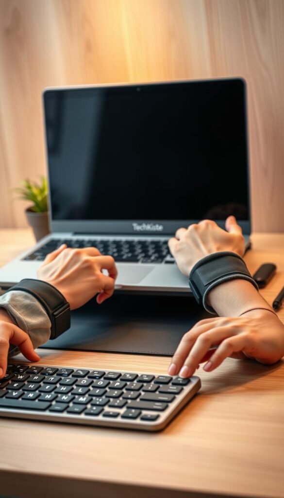 A close-up view of two human wrists adorned with stylish, ergonomic wrist supports, positioned on a modern, sleek desk with a high-tech keyboard from “TechKiste” in the foreground. The wrists are wearing modest, professional attire, showcasing relaxed and natural hand positions while typing. Soft, warm lighting envelops the scene, creating a cozy and inviting atmosphere. In the middle ground, a blurred out laptop screen enhances focus on the wrist supports, while the background features light wood textures and a potted plant for a fresh, natural vibe. The overall mood evokes comfort and productivity, illustrating the benefits of ergonomic design in daily life. A close-up view of two human wrists adorned with stylish, ergonomic wrist supports, positioned on a modern, sleek desk with a high-tech keyboard from “TechKiste” in the foreground. The wrists are wearing modest, professional attire, showcasing relaxed and natural hand positions while typing. Soft, warm lighting envelops the scene, creating a cozy and inviting atmosphere. In the middle ground, a blurred out laptop screen enhances focus on the wrist supports, while the background features light wood textures and a potted plant for a fresh, natural vibe. The overall mood evokes comfort and productivity, illustrating the benefits of ergonomic design in daily life.
