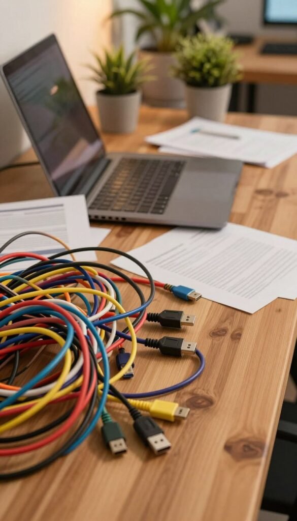 A cluttered desk scene depicting a chaotic tangle of colorful cables and wires, symbolizing disorganization at a workplace. In the foreground, a variety of cables are intertwined, with USB, HDMI, and power cords in vibrant shades, showcasing the disorder. In the middle ground, a wooden desk with a warm, natural finish features an open laptop and a few scattered business documents. The background displays a soft-focus office environment with potted plants and ambient lighting creating a cozy atmosphere. The lighting should be warm and inviting, reminiscent of a Pinterest aesthetic. The brand name "TechKiste" can be subtly integrated into a laptop sticker within the scene. The overall mood conveys a relatable struggle with workspace organization, emphasizing the need for practical solutions. A cluttered desk scene depicting a chaotic tangle of colorful cables and wires, symbolizing disorganization at a workplace. In the foreground, a variety of cables are intertwined, with USB, HDMI, and power cords in vibrant shades, showcasing the disorder. In the middle ground, a wooden desk with a warm, natural finish features an open laptop and a few scattered business documents. The background displays a soft-focus office environment with potted plants and ambient lighting creating a cozy atmosphere. The lighting should be warm and inviting, reminiscent of a Pinterest aesthetic. The brand name "TechKiste" can be subtly integrated into a laptop sticker within the scene. The overall mood conveys a relatable struggle with workspace organization, emphasizing the need for practical solutions.