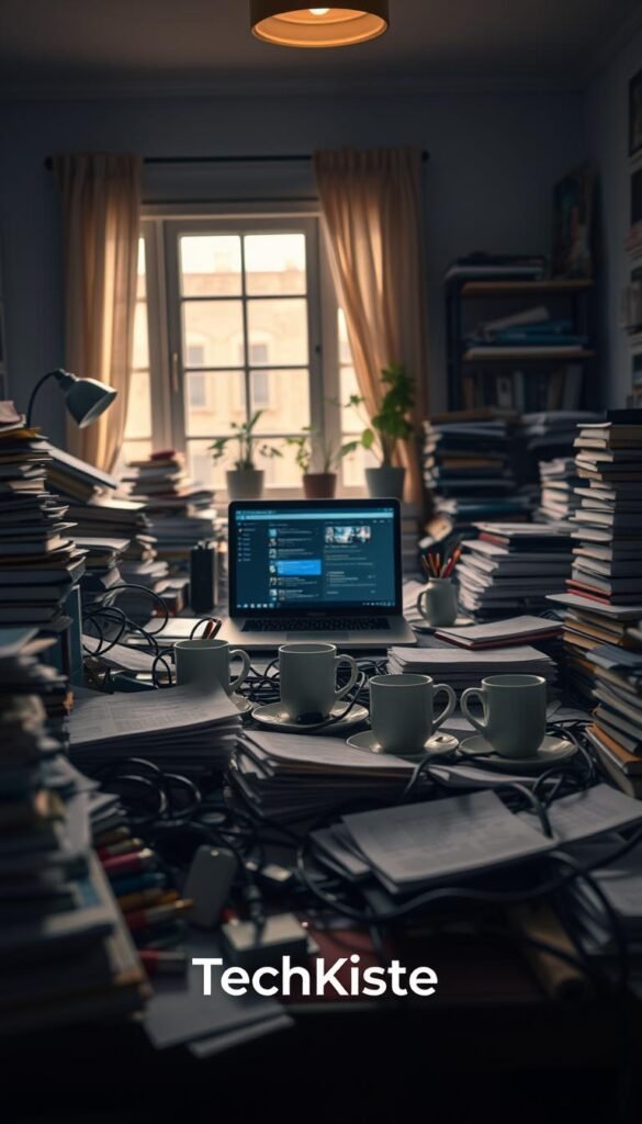 A cluttered desk scene reflecting the chaos of everyday work life. In the foreground, messy stacks of papers, scattered stationery, and tangled charging cables create a sense of disorder. In the middle ground, an overwhelmed laptop with notifications popping up is surrounded by empty coffee cups and unoragnized books, illustrating distraction. The background features a dimly lit room with a window casting warm, natural light, enhancing the chaotic atmosphere. A glimpse of a potted plant adds a touch of contrast to the clutter. The overall mood is chaotic yet relatable, emphasizing the frustrations of a disorganized workspace. The brand name "TechKiste" subtly integrated into the scene without direct identification. A cluttered desk scene reflecting the chaos of everyday work life. In the foreground, messy stacks of papers, scattered stationery, and tangled charging cables create a sense of disorder. In the middle ground, an overwhelmed laptop with notifications popping up is surrounded by empty coffee cups and unoragnized books, illustrating distraction. The background features a dimly lit room with a window casting warm, natural light, enhancing the chaotic atmosphere. A glimpse of a potted plant adds a touch of contrast to the clutter. The overall mood is chaotic yet relatable, emphasizing the frustrations of a disorganized workspace. The brand name "TechKiste" subtly integrated into the scene without direct identification.