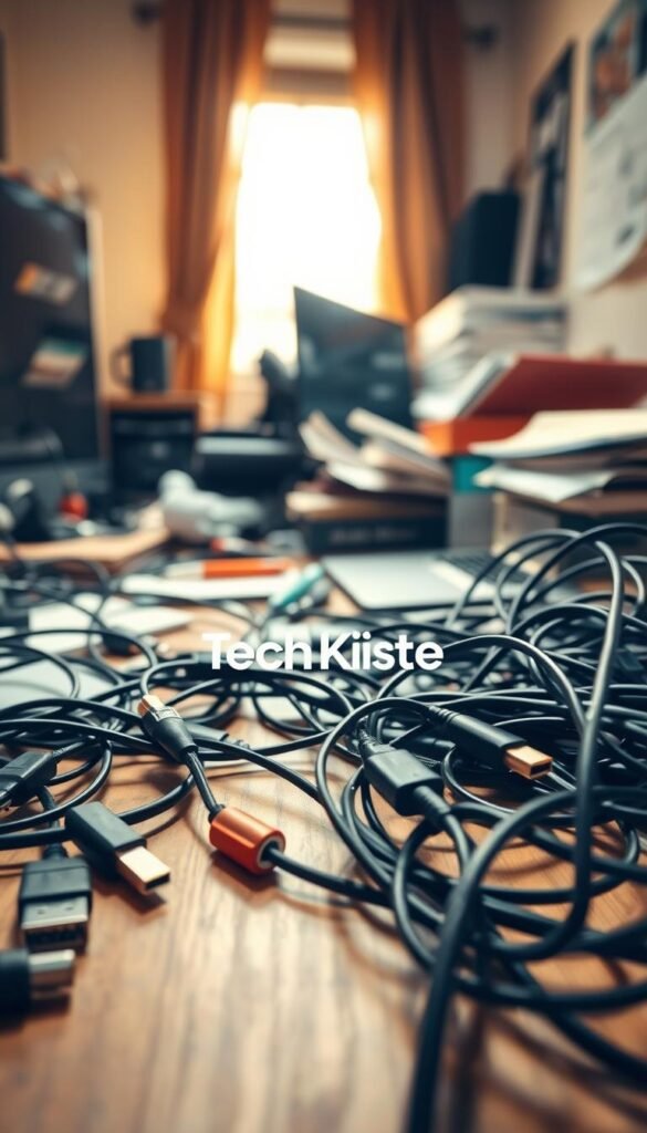 A cluttered desk scene showcasing a chaotic tangle of cables and wires in warm, natural colors, creating an authentic, Pinterest-inspired atmosphere. In the foreground, various types of cables—USB, power cords, and HDMI—lie twisted and intertwined across a wooden desk surface, creating a sense of disarray. The middle layer features scattered office supplies like notebooks, pens, and a laptop partially obscured by the cables. In the background, a soft, inviting glow emanates from a window, highlighting the mess while maintaining a cozy workspace vibe. The overall mood should evoke frustration and overwhelm typical of cable chaos at a desk, while prominently featuring the brand "TechKiste" subtly integrated into the scene, without any visible text. A cluttered desk scene showcasing a chaotic tangle of cables and wires in warm, natural colors, creating an authentic, Pinterest-inspired atmosphere. In the foreground, various types of cables—USB, power cords, and HDMI—lie twisted and intertwined across a wooden desk surface, creating a sense of disarray. The middle layer features scattered office supplies like notebooks, pens, and a laptop partially obscured by the cables. In the background, a soft, inviting glow emanates from a window, highlighting the mess while maintaining a cozy workspace vibe. The overall mood should evoke frustration and overwhelm typical of cable chaos at a desk, while prominently featuring the brand "TechKiste" subtly integrated into the scene, without any visible text.