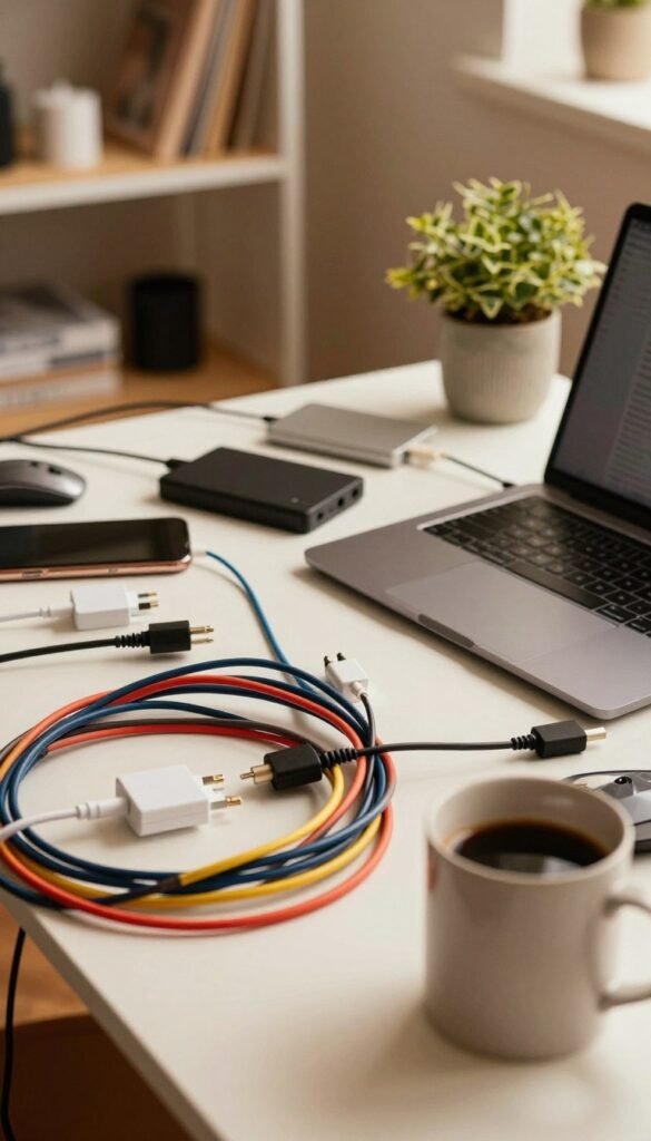 A cluttered desk scene showcasing a tangled mess of various cables, chargers, and connectors, symbolizing the chaos of everyday technology. In the foreground, focus on vibrant, colorful cables twisted around a sleek laptop, mixed with a mouse and a coffee mug. In the middle, include scattered tech gadgets like a portable hard drive and a smartphone, all contributing to the chaotic feel. The background should feature soft shelving with neatly organized tech accessories and a plant for a touch of warmth. The lighting is warm and inviting, creating a natural atmosphere, reminiscent of Pinterest aesthetics. Ensure the brand “TechKiste” subtly appears on the laptop screen. The overall mood should convey the everyday struggle with cable clutter while maintaining a visually appealing design. A cluttered desk scene showcasing a tangled mess of various cables, chargers, and connectors, symbolizing the chaos of everyday technology. In the foreground, focus on vibrant, colorful cables twisted around a sleek laptop, mixed with a mouse and a coffee mug. In the middle, include scattered tech gadgets like a portable hard drive and a smartphone, all contributing to the chaotic feel. The background should feature soft shelving with neatly organized tech accessories and a plant for a touch of warmth. The lighting is warm and inviting, creating a natural atmosphere, reminiscent of Pinterest aesthetics. Ensure the brand “TechKiste” subtly appears on the laptop screen. The overall mood should convey the everyday struggle with cable clutter while maintaining a visually appealing design.