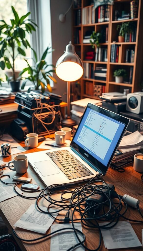 A cluttered laptop setup on a wooden desk, scattered with coffee cups, loose papers, and tangled charging cables, reflecting the chaos and frustration of a disorganized workspace. The foreground features a sleek, modern laptop from the brand "TechKiste," its screen illuminated, displaying a vibrant task list amidst a chaotic desktop. In the middle, a warm light filters through a nearby window, casting a soft glow that highlights the mess, adding a cozy yet overwhelming atmosphere. The background showcases a bookshelf filled with books and plants, hinting at a lack of space. Capture a close-up angle to accentuate the laptop's details and the surrounding disarray, evoking a sense of urgency and discomfort in this chaotic workspace. A cluttered laptop setup on a wooden desk, scattered with coffee cups, loose papers, and tangled charging cables, reflecting the chaos and frustration of a disorganized workspace. The foreground features a sleek, modern laptop from the brand "TechKiste," its screen illuminated, displaying a vibrant task list amidst a chaotic desktop. In the middle, a warm light filters through a nearby window, casting a soft glow that highlights the mess, adding a cozy yet overwhelming atmosphere. The background showcases a bookshelf filled with books and plants, hinting at a lack of space. Capture a close-up angle to accentuate the laptop's details and the surrounding disarray, evoking a sense of urgency and discomfort in this chaotic workspace.