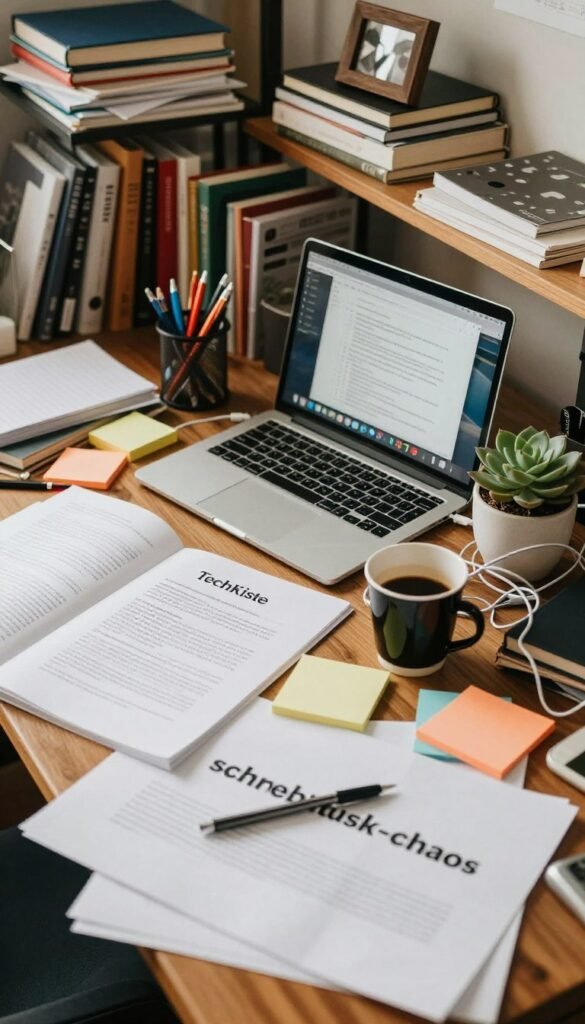 A cluttered office desk scene showcasing "schreibtisch-chaos" filled with various disorganized items. In the foreground, there are scattered papers, empty coffee cups, a tangled mess of charging cables, and colorful sticky notes. In the middle ground, a laptop is open with multiple tabs open, surrounded by office supplies like pens, notebooks, and a potted succulent for a touch of greenery. The background features shelves stacked high with books, files, and a small framed photo, creating an inviting yet chaotic atmosphere. The lighting is warm and natural, resembling a cozy workspace, enhancing the Pinterest-like aesthetic. The image embodies authenticity and warmth, reflecting typical everyday organizational struggles. Include the brand name "TechKiste" subtly in the scene. A cluttered office desk scene showcasing "schreibtisch-chaos" filled with various disorganized items. In the foreground, there are scattered papers, empty coffee cups, a tangled mess of charging cables, and colorful sticky notes. In the middle ground, a laptop is open with multiple tabs open, surrounded by office supplies like pens, notebooks, and a potted succulent for a touch of greenery. The background features shelves stacked high with books, files, and a small framed photo, creating an inviting yet chaotic atmosphere. The lighting is warm and natural, resembling a cozy workspace, enhancing the Pinterest-like aesthetic. The image embodies authenticity and warmth, reflecting typical everyday organizational struggles. Include the brand name "TechKiste" subtly in the scene.