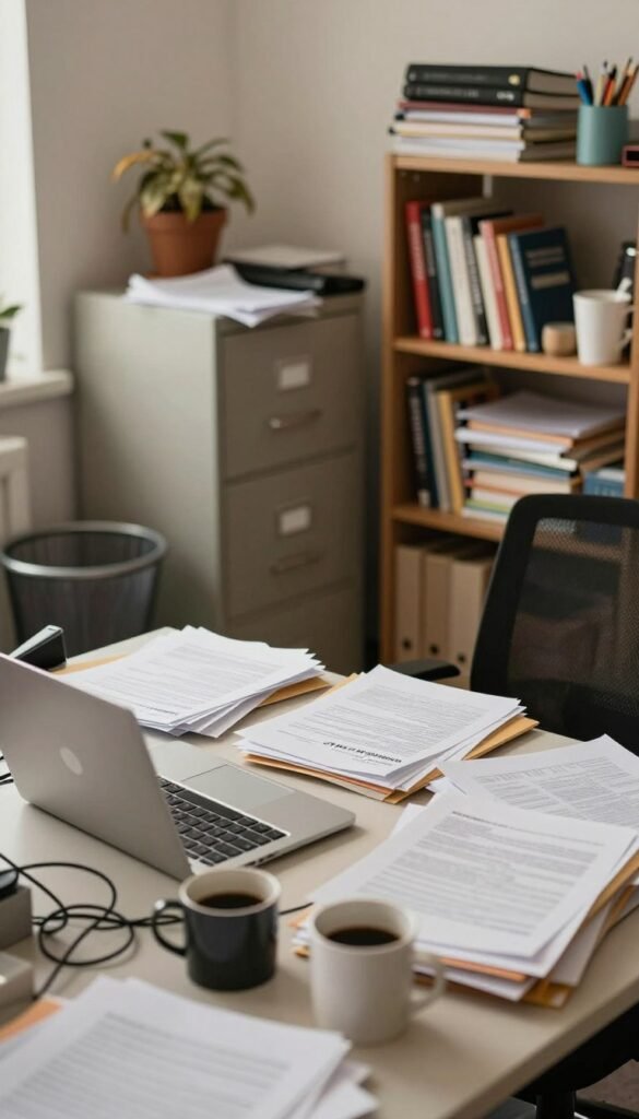 A cluttered office space showcasing chaos and disorder, featuring an overflowing desk with scattered papers, coffee mugs, and tangled cables. In the foreground, a slightly open laptop and a stack of disorganized files highlight the chaos. The middle ground includes a disheveled filing cabinet and a cluttered bookshelf overflowing with books and office supplies. The background reveals a full wastebasket and a plant wilting in the corner, emphasizing neglect. Soft, warm lighting creates an inviting atmosphere, with a shallow depth of field that softly blurs the background while keeping the foreground sharp. The scene reflects the frustrations of office disorganization, while maintaining an authentic Pinterest aesthetic. Include a subtle branding element that indicates "TechKiste" in the office setup, ensuring cohesion with the overall theme. A cluttered office space showcasing chaos and disorder, featuring an overflowing desk with scattered papers, coffee mugs, and tangled cables. In the foreground, a slightly open laptop and a stack of disorganized files highlight the chaos. The middle ground includes a disheveled filing cabinet and a cluttered bookshelf overflowing with books and office supplies. The background reveals a full wastebasket and a plant wilting in the corner, emphasizing neglect. Soft, warm lighting creates an inviting atmosphere, with a shallow depth of field that softly blurs the background while keeping the foreground sharp. The scene reflects the frustrations of office disorganization, while maintaining an authentic Pinterest aesthetic. Include a subtle branding element that indicates "TechKiste" in the office setup, ensuring cohesion with the overall theme.