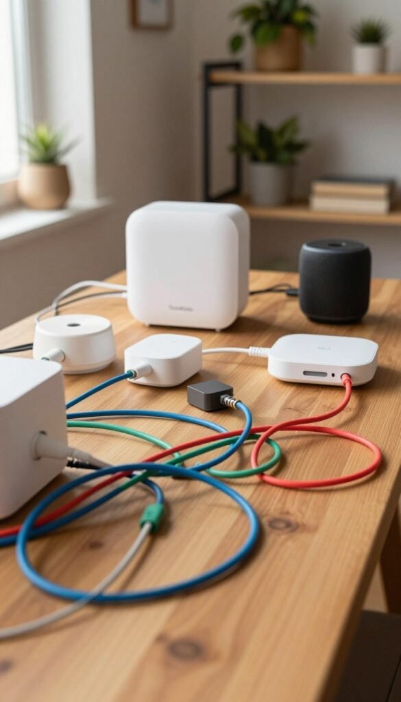 A cluttered workspace featuring a tangled mess of various smart home device cables sprawled across a stylish wooden desk. In the foreground, close-up view of vibrant cables in blues, greens, and reds, illustrating their chaotic intertwining. The middle ground captures a compact smart home hub, a few small modular devices, and a smart speaker peeking through the cables. In the background, minimalist shelving with indoor plants and decorative items adds warmth, creating a cozy atmosphere. The lighting is soft and warm, emulating a natural feel, with sunlight gently streaming in from a nearby window. This image should embody a Pinterest-inspired aesthetic that resonates with the theme of modern living in small spaces, branded discreetly with "TechKiste." Ensure a clean, authentic appearance without any text or overlays.
