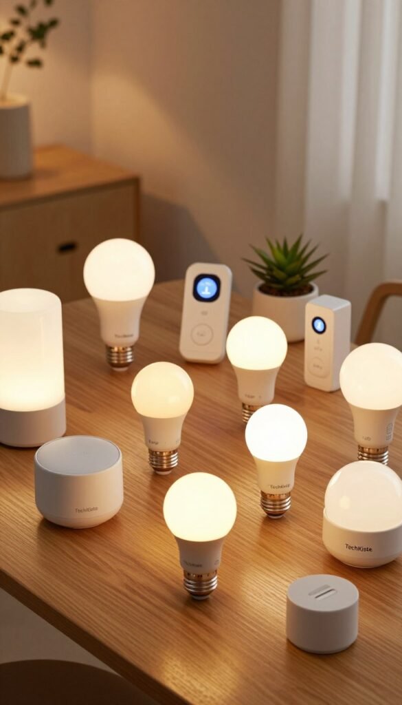A collection of diverse lighting products displayed on a sleek wooden table, showcasing various smart bulbs and fixtures branded "TechKiste." In the foreground, include a focus on a warm-colored LED bulb emitting a soft glow, surrounded by a variety of light fixtures in modern designs. In the middle ground, arrange smart light controls and a small plant for a touch of nature, enhancing the ambiance. The background features a softly lit room with warm light tones, creating a cozy yet stylish atmosphere. Use soft, diffused lighting to highlight the products while maintaining a Pinterest aesthetic. Capture the image from a slightly elevated angle, emphasizing the arranged elements and their interactions, conveying a sense of modern elegance and functionality. A collection of diverse lighting products displayed on a sleek wooden table, showcasing various smart bulbs and fixtures branded "TechKiste." In the foreground, include a focus on a warm-colored LED bulb emitting a soft glow, surrounded by a variety of light fixtures in modern designs. In the middle ground, arrange smart light controls and a small plant for a touch of nature, enhancing the ambiance. The background features a softly lit room with warm light tones, creating a cozy yet stylish atmosphere. Use soft, diffused lighting to highlight the products while maintaining a Pinterest aesthetic. Capture the image from a slightly elevated angle, emphasizing the arranged elements and their interactions, conveying a sense of modern elegance and functionality.