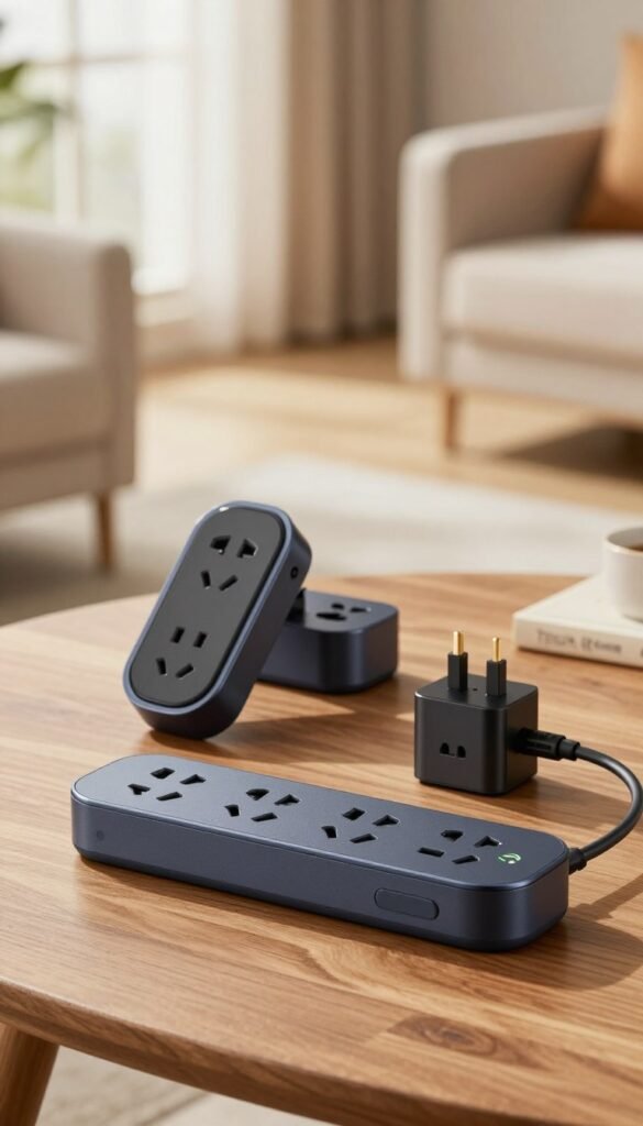 A collection of innovative, switchable power strips, foot switches, and adapter plugs designed for energy savings, prominently featuring the brand "TechKiste." In the foreground, show a sleek, modern power strip with multiple outlets and an easy-access switch, showcasing its electric current indicator. In the middle ground, include a foot switch with a stylish design, along with a compact adapter plug, all arranged on a wooden tabletop. The background features a soft-focus, well-lit living room setting with warm colors, emphasizing a cozy and inviting atmosphere. Natural lighting shines through a nearby window, casting gentle shadows and highlighting the gadgets' modern aesthetics. The overall mood should convey a sense of practicality and innovation, appealing to eco-conscious consumers.
