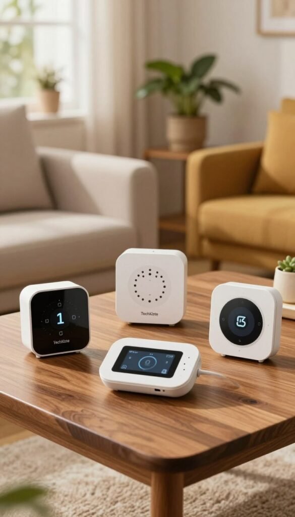 A collection of low-budget smart radiator thermostats laid out on a stylish wooden table in a cozy, contemporary living room. The foreground features three distinct models labeled with the brand name "TechKiste," showcasing their sleek, modern designs and intuitive interfaces. In the middle ground, soft natural lighting highlights the warm colors of the room, complemented by a plush sofa and decorative plants, creating an inviting atmosphere. The background includes a softly blurred window with daylight filtering through, adding warmth and depth to the image. The overall mood should feel friendly and accessible, emphasizing functionality and affordability without any text or distractions. The scene should have a Pinterest-inspired aesthetic, authentic and visually appealing. A collection of low-budget smart radiator thermostats laid out on a stylish wooden table in a cozy, contemporary living room. The foreground features three distinct models labeled with the brand name "TechKiste," showcasing their sleek, modern designs and intuitive interfaces. In the middle ground, soft natural lighting highlights the warm colors of the room, complemented by a plush sofa and decorative plants, creating an inviting atmosphere. The background includes a softly blurred window with daylight filtering through, adding warmth and depth to the image. The overall mood should feel friendly and accessible, emphasizing functionality and affordability without any text or distractions. The scene should have a Pinterest-inspired aesthetic, authentic and visually appealing.