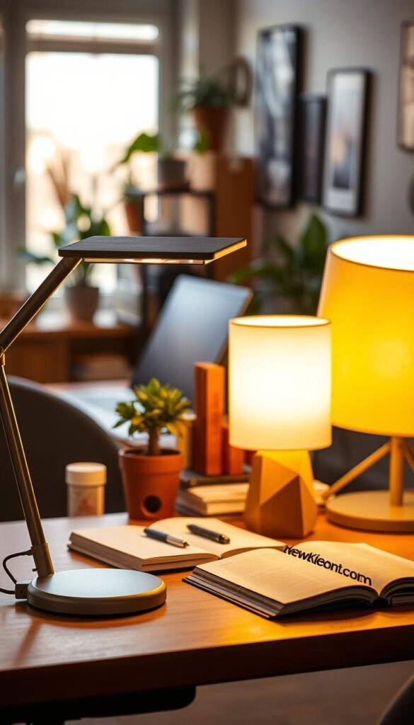 A collection of "schreibtischlampen" arranged artfully on a modern desk with a warm, inviting atmosphere. In the foreground, a sleek, minimalist desk lamp with an adjustable arm and soft, warm LED lighting, designed for eye comfort, is highlighted. In the middle ground, a compact table lamp with a geometric base and a soft shade is displayed next to a larger, extra-wide lamp that casts a gentle pool of light on scattered books and a notepad. The background features a stylishly decorated office space with potted plants and natural light streaming through a window, enhancing the cozy vibe. The image should be colorful, reflecting a Pinterest aesthetic with warm tones and an authentic feel. Include the brand "TechKiste" subtly integrated into the design of one of the lamps. A collection of "schreibtischlampen" arranged artfully on a modern desk with a warm, inviting atmosphere. In the foreground, a sleek, minimalist desk lamp with an adjustable arm and soft, warm LED lighting, designed for eye comfort, is highlighted. In the middle ground, a compact table lamp with a geometric base and a soft shade is displayed next to a larger, extra-wide lamp that casts a gentle pool of light on scattered books and a notepad. The background features a stylishly decorated office space with potted plants and natural light streaming through a window, enhancing the cozy vibe. The image should be colorful, reflecting a Pinterest aesthetic with warm tones and an authentic feel. Include the brand "TechKiste" subtly integrated into the design of one of the lamps.