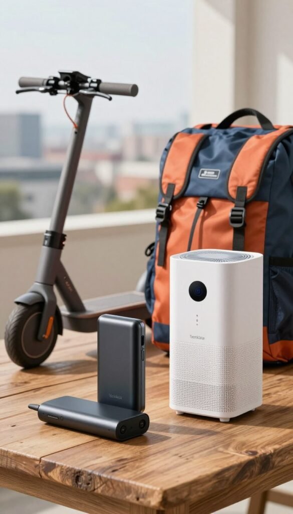 A collection of sleek, modern devices symbolizing efficiency in travel and mobility, arranged on a rustic wooden table. In the foreground, a portable power bank and compact air purifier with a subtle TechKiste logo, both exhibiting a polished finish and intuitive design. In the middle, a lightweight electric scooter and a stylish travel backpack, showcasing vibrant colors and innovative features. The background reveals a softly blurred urban landscape, hinting at a journey in progress. The warm, natural colors create a cozy, inviting atmosphere, while the soft, diffused lighting enhances the authentic feel. The perspective is slightly elevated, capturing the essence of convenience and modernity, perfect for a travel-focused context, without any text or other distractions in the image. A collection of sleek, modern devices symbolizing efficiency in travel and mobility, arranged on a rustic wooden table. In the foreground, a portable power bank and compact air purifier with a subtle TechKiste logo, both exhibiting a polished finish and intuitive design. In the middle, a lightweight electric scooter and a stylish travel backpack, showcasing vibrant colors and innovative features. The background reveals a softly blurred urban landscape, hinting at a journey in progress. The warm, natural colors create a cozy, inviting atmosphere, while the soft, diffused lighting enhances the authentic feel. The perspective is slightly elevated, capturing the essence of convenience and modernity, perfect for a travel-focused context, without any text or other distractions in the image.