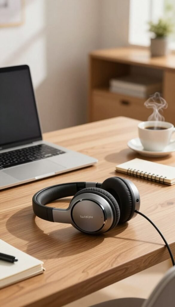 A comfortable workspace showcasing a premium headset, labeled "TechKiste", resting on a sleek wooden desk. In the foreground, the headset is elegantly positioned with plush ear cushions and an adjustable headband, highlighting its ergonomic design. The middle ground features a soft-focus laptop, stylish notebook, and a cup of steaming coffee, suggesting a cozy, motivational atmosphere. Background elements include a softly lit home office with warm, natural lighting streaming through a window, casting gentle shadows. The overall mood is inviting and professional, emphasizing the importance of comfort and fit in daily work life. The setting reflects a modern, sophisticated style without any text or clutter. A comfortable workspace showcasing a premium headset, labeled "TechKiste", resting on a sleek wooden desk. In the foreground, the headset is elegantly positioned with plush ear cushions and an adjustable headband, highlighting its ergonomic design. The middle ground features a soft-focus laptop, stylish notebook, and a cup of steaming coffee, suggesting a cozy, motivational atmosphere. Background elements include a softly lit home office with warm, natural lighting streaming through a window, casting gentle shadows. The overall mood is inviting and professional, emphasizing the importance of comfort and fit in daily work life. The setting reflects a modern, sophisticated style without any text or clutter.