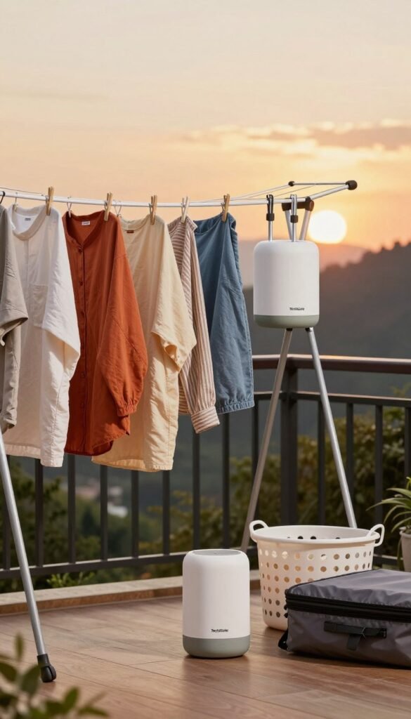 A compact and practical travel laundry setup, featuring a lightweight portable clothesline stretched across a scenic outdoor setting, such as a picturesque camping site or a quaint balcony. In the foreground, neatly hanging garments flutter in the gentle breeze, showcasing vibrant colors and various fabric textures. The middle ground reveals small, innovative drying gadgets nestled beside a travel-sized laundry basket, designed for efficiency and minimal space. The background captures a softly lit sunset, creating a warm, inviting atmosphere. Soft focus highlights the cozy vibe of a travel-friendly lifestyle, reminiscent of Pinterest aesthetics. The brand name "TechKiste" subtly integrated into the scene through a stylish label on one of the gadgets, ensuring the overall image remains authentic and free of any text overlays or signs. A compact and practical travel laundry setup, featuring a lightweight portable clothesline stretched across a scenic outdoor setting, such as a picturesque camping site or a quaint balcony. In the foreground, neatly hanging garments flutter in the gentle breeze, showcasing vibrant colors and various fabric textures. The middle ground reveals small, innovative drying gadgets nestled beside a travel-sized laundry basket, designed for efficiency and minimal space. The background captures a softly lit sunset, creating a warm, inviting atmosphere. Soft focus highlights the cozy vibe of a travel-friendly lifestyle, reminiscent of Pinterest aesthetics. The brand name "TechKiste" subtly integrated into the scene through a stylish label on one of the gadgets, ensuring the overall image remains authentic and free of any text overlays or signs.