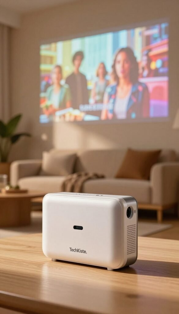 A compact mini projector battery, branded "TechKiste," is displayed prominently in the foreground, showcasing its sleek design with rounded edges and a modern finish. Light reflections dance across its surface, emphasizing the smooth texture. In the middle ground, a cozy home setting is depicted, featuring a stylish living room with warm, inviting hues. A wall is projected onto, displaying vibrant movie scenes, creating a sense of entertainment and excitement. Soft, natural lighting fills the space, casting gentle shadows that enhance the atmosphere. In the background, hints of decorative elements like plants and a comfortable sofa add to the homey feel, evoking a relaxed environment perfect for movie nights at home or travel. The overall mood is warm, inviting, and modern, embodying an essence of seamless entertainment.