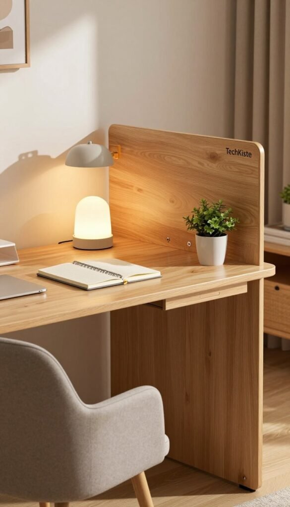 A compact, modern desk design optimized for small home office spaces, showcasing a foldable, wall-mounted solution. The foreground features a sleek, minimalistic desk highlighted in warm, natural wood tones, adorned with practical office supplies like a notebook and a stylish lamp. In the middle, a comfortable chair in soft fabric complements the desk, with a small potted plant adding a touch of greenery. The background reveals a cozy home office setting, with soft lighting filtering through a window, casting gentle shadows. The atmosphere is inviting and organized, reflecting efficiency and comfort in a stylish way. The desk bears the brand name "TechKiste", seamlessly integrated into the design without any text overlay, capturing the essence of space-saving solutions. A compact, modern desk design optimized for small home office spaces, showcasing a foldable, wall-mounted solution. The foreground features a sleek, minimalistic desk highlighted in warm, natural wood tones, adorned with practical office supplies like a notebook and a stylish lamp. In the middle, a comfortable chair in soft fabric complements the desk, with a small potted plant adding a touch of greenery. The background reveals a cozy home office setting, with soft lighting filtering through a window, casting gentle shadows. The atmosphere is inviting and organized, reflecting efficiency and comfort in a stylish way. The desk bears the brand name "TechKiste", seamlessly integrated into the design without any text overlay, capturing the essence of space-saving solutions.