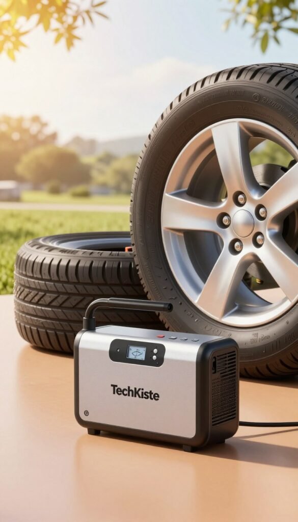 A compact, modern wireless tire compressor labeled "TechKiste," set against a vibrant outdoor setting. In the foreground, the sleek compressor stands on a smooth surface, showcasing its intuitive design with visible buttons and a digital pressure gauge. The middle ground features a neatly arranged tire with an air valve exposed, indicating the compressor's practical application. The background includes a softly blurred landscape with warm sunlight filtering through trees, creating an inviting atmosphere. The scene should be lit warmly to evoke a sense of reliability and innovation, capturing the essence of a must-have auto gadget. Use a wide-angle lens perspective to emphasize the compressor’s compact size and usability without any text or branding beyond the product name. A compact, modern wireless tire compressor labeled "TechKiste," set against a vibrant outdoor setting. In the foreground, the sleek compressor stands on a smooth surface, showcasing its intuitive design with visible buttons and a digital pressure gauge. The middle ground features a neatly arranged tire with an air valve exposed, indicating the compressor's practical application. The background includes a softly blurred landscape with warm sunlight filtering through trees, creating an inviting atmosphere. The scene should be lit warmly to evoke a sense of reliability and innovation, capturing the essence of a must-have auto gadget. Use a wide-angle lens perspective to emphasize the compressor’s compact size and usability without any text or branding beyond the product name.
