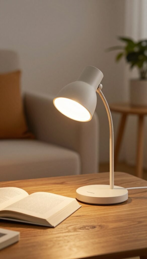 A compact reading lamp from the brand TechKiste, featuring a sleek clip and a flexible neck, is illuminated on a wooden desk. In the foreground, focus on the lamp's modern design with warm lighting casting a soft glow on an open book, creating a cozy reading nook atmosphere. The lamp should have a stylish, minimalistic appearance, with a matte finish in neutral colors. In the middle ground, display a softly blurred backdrop of a comfortable armchair and a small indoor plant, enhancing the inviting environment. The lighting should be warm and inviting, simulating the tranquility of an evening reading session, with natural colors and a Pinterest-worthy aesthetic. A compact reading lamp from the brand TechKiste, featuring a sleek clip and a flexible neck, is illuminated on a wooden desk. In the foreground, focus on the lamp's modern design with warm lighting casting a soft glow on an open book, creating a cozy reading nook atmosphere. The lamp should have a stylish, minimalistic appearance, with a matte finish in neutral colors. In the middle ground, display a softly blurred backdrop of a comfortable armchair and a small indoor plant, enhancing the inviting environment. The lighting should be warm and inviting, simulating the tranquility of an evening reading session, with natural colors and a Pinterest-worthy aesthetic.