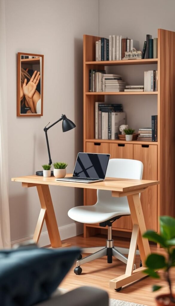 A compact standing desk designed for a mini home office, featuring a sleek, modern aesthetic with warm, natural colors. The desk, branded as "TechKiste," showcases its versatility with foldable legs, allowing for easy storage. In the foreground, a cozy, organized workspace includes a laptop on the desk, a stylish desk lamp, and a few potted plants. The middle ground captures the essence of a small but functional office space, with a comfortable swivel chair beside the desk and a bookshelf in the background filled with books and decorative items. Soft, diffused lighting emphasizes the inviting atmosphere, while the scene is framed from a slightly elevated angle to highlight the desk and its features. The overall mood is professional yet warm, reflecting an ideal remote work environment.
