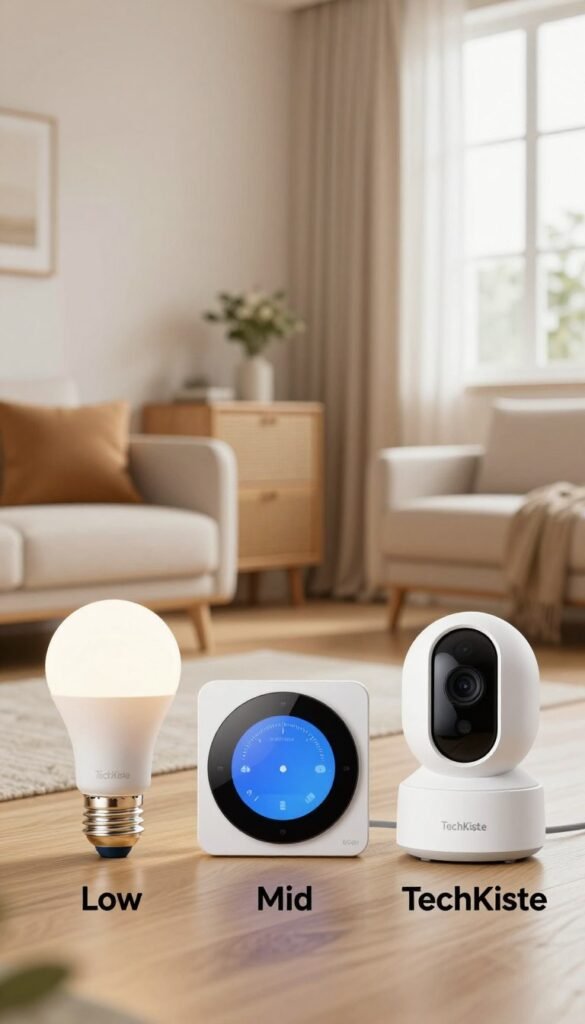 A comparative display of various smart home product types in low, mid, and high price ranges, showcased in an inviting, well-lit indoor setting. In the foreground, three distinct smart home devices are elegantly arranged: a sleek low-cost smart light bulb, a mid-range smart thermostat with a modern design, and an advanced high-end smart security camera. Each product should have clear visual labels demonstrating their categories. The middle ground features a stylish living room with warm colors, including natural wood accents and comfortable furniture, enhancing the cozy atmosphere. The background shows a window with soft, natural light illuminating the scene. The overall mood is friendly and informative, promoting an authentic Pinterest aesthetic, reflecting the brand "TechKiste" without text or watermarks.