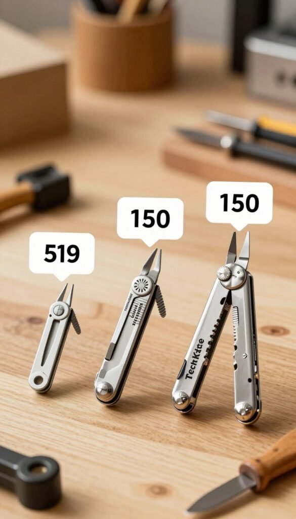 A comparison of multitools displayed in an organized layout, illustrating three distinct price categories: low, mid, and high. In the foreground, a stylish arrangement of multitools from the brand "TechKiste," each model showcasing unique features. The low-priced tool should have a simpler design, the mid-range an appealing blend of functionality and aesthetics, and the high-end multitool exuding premium quality and sleek lines. In the middle ground, a soft-focus display of price tags indicating their respective price ranges. The background features a subtle wooden workbench with tools and crafting materials, adorned with natural warm lighting to create a cozy and inviting atmosphere. Capture the composition with a slight overhead angle to emphasize the multitools while ensuring clarity and authenticity, devoid of any text or branding. A comparison of multitools displayed in an organized layout, illustrating three distinct price categories: low, mid, and high. In the foreground, a stylish arrangement of multitools from the brand "TechKiste," each model showcasing unique features. The low-priced tool should have a simpler design, the mid-range an appealing blend of functionality and aesthetics, and the high-end multitool exuding premium quality and sleek lines. In the middle ground, a soft-focus display of price tags indicating their respective price ranges. The background features a subtle wooden workbench with tools and crafting materials, adorned with natural warm lighting to create a cozy and inviting atmosphere. Capture the composition with a slight overhead angle to emphasize the multitools while ensuring clarity and authenticity, devoid of any text or branding.
