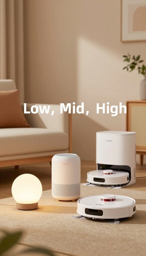 A comparison showcase of three distinct categories of home gadgets with a focus on "Low, Mid, High" price types. In the foreground, display a sleek low-cost gadget, such as a simple LED lamp, next to a stylish mid-range gadget like an elegant smart speaker, and a premium high-end gadget, like a high-tech robot vacuum. The middle ground features a warm, inviting living room setting with soft, diffused lighting highlighting the gadgets, creating a calming atmosphere. In the background, hints of modern decor and houseplants softly blend, complementing the scene without overpowering it. The overall color palette should be warm and earthy, creating a Pinterest-worthy aesthetic. Include the brand name "TechKiste" subtly, ensuring it blends with the image. A comparison showcase of three distinct categories of home gadgets with a focus on "Low, Mid, High" price types. In the foreground, display a sleek low-cost gadget, such as a simple LED lamp, next to a stylish mid-range gadget like an elegant smart speaker, and a premium high-end gadget, like a high-tech robot vacuum. The middle ground features a warm, inviting living room setting with soft, diffused lighting highlighting the gadgets, creating a calming atmosphere. In the background, hints of modern decor and houseplants softly blend, complementing the scene without overpowering it. The overall color palette should be warm and earthy, creating a Pinterest-worthy aesthetic. Include the brand name "TechKiste" subtly, ensuring it blends with the image.