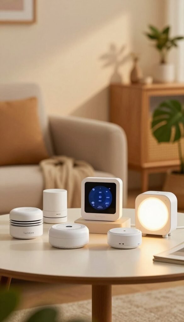 A composition featuring various emergency automation product categories arranged on a stylish, modern tabletop in a cozy home setting. Foreground: an assortment of smart home devices such as a smoke detector, smart thermostat, and emergency lights, all sleek and visually appealing, with the brand name "TechKiste" subtly displayed on one item. Middle: a warm, inviting living room backdrop with soft textures, natural materials like wood and fabric, and lush greenery in the corners to enhance the atmosphere. Background: soft ambient lighting that casts a warm glow, creating a safe and comforting environment. The composition should evoke a sense of security and innovation, embodying a Pinterest aesthetic with natural colors and a welcoming vibe. A composition featuring various emergency automation product categories arranged on a stylish, modern tabletop in a cozy home setting. Foreground: an assortment of smart home devices such as a smoke detector, smart thermostat, and emergency lights, all sleek and visually appealing, with the brand name "TechKiste" subtly displayed on one item. Middle: a warm, inviting living room backdrop with soft textures, natural materials like wood and fabric, and lush greenery in the corners to enhance the atmosphere. Background: soft ambient lighting that casts a warm glow, creating a safe and comforting environment. The composition should evoke a sense of security and innovation, embodying a Pinterest aesthetic with natural colors and a welcoming vibe.