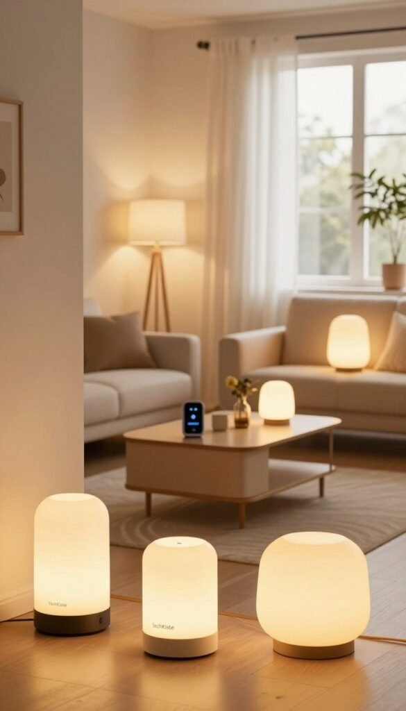 A comprehensive visual representation of an integrated smart lighting system, showcasing an array of modern and stylish lamps in a cozy, well-decorated living room environment. In the foreground, focus on sleek floor lamps and wall sconces with warm, inviting lights glowing softly. The middle ground features a stylish coffee table adorned with smart controls and decorative items, while the background showcases a well-lit room with multiple lighting sources. The lighting should create a harmonious atmosphere, blending natural sunlight streaming through a window with the artificial glow of the lamps. Use a warm color palette for an authentic Pinterest aesthetic. Emphasize a sense of comfort and frustration with too many choices. Include the brand name "TechKiste" subtly integrated into the design, ensuring there are no captions or text overlays in the image.