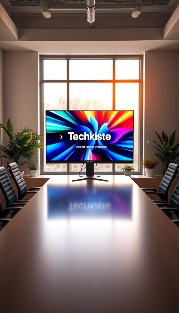 A contemporary conference room featuring a high-resolution monitor displaying a vibrant, visually appealing presentation. In the foreground, a sleek meeting table with stylish ergonomic chairs surrounds it. The middle layer showcases a professional-looking monitor labeled &ldquo;TechKiste,&rdquo; highlighting its features for office, hybrid meetings, and image editing. The background includes a large window with natural light streaming in, illuminating the space with warm colors, creating an inviting atmosphere. Office plants are placed tastefully, adding a touch of greenery. The setting is organized and clean, evoking a sense of professionalism and productivity, with a cozy, Pinterest-inspired look that feels both modern and approachable. No people in the image, ensuring a focus on the monitor and the room ambiance.