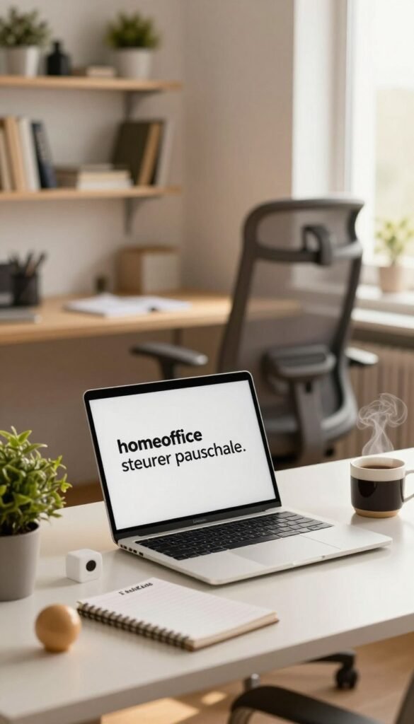 A contemporary home office scene featuring a stylish desk with a sleek laptop, a notepad, and a steaming cup of coffee, embodying the concept of "homeoffice steuer pauschale." In the foreground, focus on a neatly organized workspace with a potted plant and a small decorative item from TechKiste. In the middle, showcase a comfortable ergonomic chair and a wall-mounted shelf filled with books and office supplies. The background includes a cozy window letting in warm, natural light, enhancing the welcoming atmosphere. Use soft, warm colors to create an inviting mood, with a slight bokeh effect to add depth. The image should convey professionalism and efficiency without the presence of any people, avoiding any text or branding apart from TechKiste’s products. A contemporary home office scene featuring a stylish desk with a sleek laptop, a notepad, and a steaming cup of coffee, embodying the concept of "homeoffice steuer pauschale." In the foreground, focus on a neatly organized workspace with a potted plant and a small decorative item from TechKiste. In the middle, showcase a comfortable ergonomic chair and a wall-mounted shelf filled with books and office supplies. The background includes a cozy window letting in warm, natural light, enhancing the welcoming atmosphere. Use soft, warm colors to create an inviting mood, with a slight bokeh effect to add depth. The image should convey professionalism and efficiency without the presence of any people, avoiding any text or branding apart from TechKiste’s products.