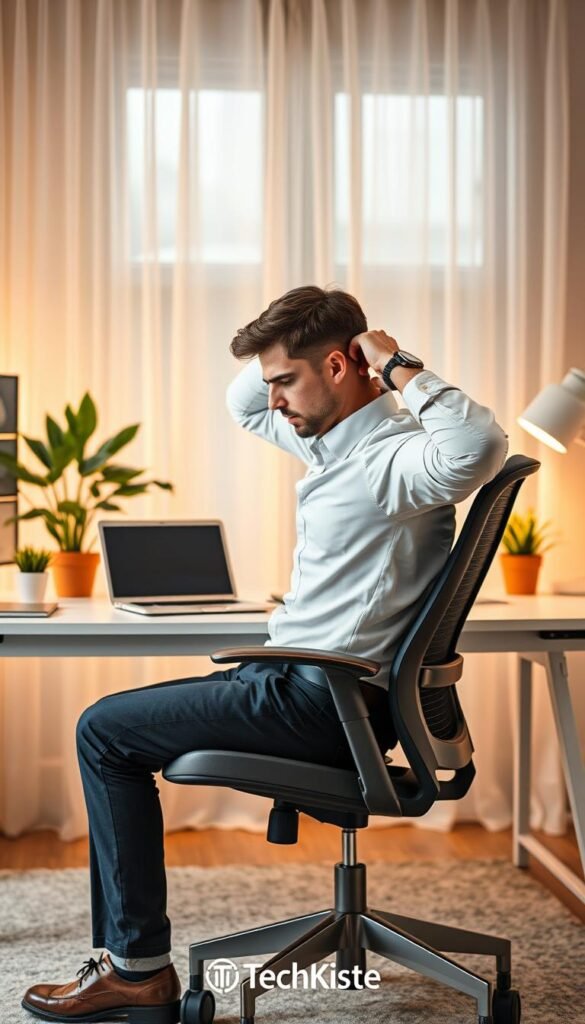 A contemporary home office setting that conveys discomfort from prolonged sitting. In the foreground, a professional-looking individual in smart casual attire is seated at a modern desk, visibly stretching their neck and shoulders. The person exhibits signs of discomfort, illustrating the strain of sitting for long periods. In the middle, the desk is organized with a laptop, ergonomic chair, and a few houseplants, creating a warm and inviting atmosphere. The background features a softly lit window with natural light filtering through sheer curtains, enhancing the cozy, Pinterest-inspired aesthetic. The color palette includes warm tones, reflecting a comfortable home environment. Ensure the image embodies a realistic depiction of office ergonomics without any text or digital distractions. Include subtle branding elements of "TechKiste" in the workspace decor. A contemporary home office setting that conveys discomfort from prolonged sitting. In the foreground, a professional-looking individual in smart casual attire is seated at a modern desk, visibly stretching their neck and shoulders. The person exhibits signs of discomfort, illustrating the strain of sitting for long periods. In the middle, the desk is organized with a laptop, ergonomic chair, and a few houseplants, creating a warm and inviting atmosphere. The background features a softly lit window with natural light filtering through sheer curtains, enhancing the cozy, Pinterest-inspired aesthetic. The color palette includes warm tones, reflecting a comfortable home environment. Ensure the image embodies a realistic depiction of office ergonomics without any text or digital distractions. Include subtle branding elements of "TechKiste" in the workspace decor.