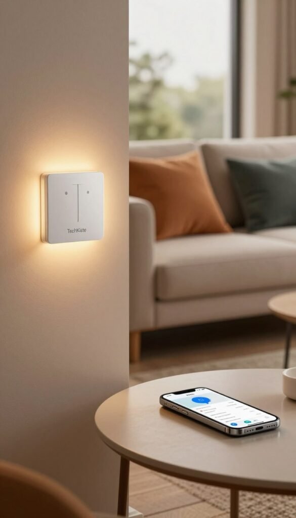 A contemporary living room scene that embodies the integration of smart lighting control, featuring an elegant smart light switch on the wall, a sleek remote control resting on a minimalist coffee table, and a smartphone displaying a smart home app interface. In the foreground, soft warm lighting highlights the textures of the furniture, with a cozy atmosphere inviting relaxation. The middle ground showcases a stylish couch adorned with colorful cushions, illuminated by beautifully diffused ambient light from multiple sources, creating a harmonious color palette. The background displays a serene window view with hints of greenery outside, adding a touch of nature. Capture the essence of modern technology seamlessly blending into daily life with a Pinterest aesthetic. Brand it subtly with the name "TechKiste" integrated into the design. A contemporary living room scene that embodies the integration of smart lighting control, featuring an elegant smart light switch on the wall, a sleek remote control resting on a minimalist coffee table, and a smartphone displaying a smart home app interface. In the foreground, soft warm lighting highlights the textures of the furniture, with a cozy atmosphere inviting relaxation. The middle ground showcases a stylish couch adorned with colorful cushions, illuminated by beautifully diffused ambient light from multiple sources, creating a harmonious color palette. The background displays a serene window view with hints of greenery outside, adding a touch of nature. Capture the essence of modern technology seamlessly blending into daily life with a Pinterest aesthetic. Brand it subtly with the name "TechKiste" integrated into the design.