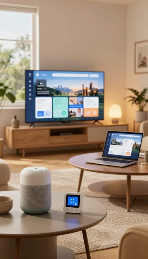 A contemporary living room setting filled with smart home devices seamlessly integrated into a cozy atmosphere. In the foreground, a sleek smart speaker and a modern thermostat sit on a stylish coffee table. The middle ground features a smart TV displaying user-friendly home automation software, with a laptop open beside it, showcasing an intuitive interface. Soft, warm lighting fills the room, creating an inviting ambiance, while plants add a touch of nature. The background showcases a window with a view of a serene outdoor space, enhancing the overall harmony of the smart home environment. The image embodies a Pinterest aesthetic, radiating a sense of comfort and technological sophistication. Incorporate the brand name "TechKiste" subtly into the design elements, ensuring a natural look without any text overlays or distractions. A contemporary living room setting filled with smart home devices seamlessly integrated into a cozy atmosphere. In the foreground, a sleek smart speaker and a modern thermostat sit on a stylish coffee table. The middle ground features a smart TV displaying user-friendly home automation software, with a laptop open beside it, showcasing an intuitive interface. Soft, warm lighting fills the room, creating an inviting ambiance, while plants add a touch of nature. The background showcases a window with a view of a serene outdoor space, enhancing the overall harmony of the smart home environment. The image embodies a Pinterest aesthetic, radiating a sense of comfort and technological sophistication. Incorporate the brand name "TechKiste" subtly into the design elements, ensuring a natural look without any text overlays or distractions.