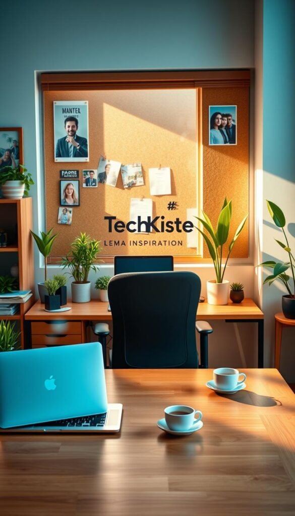 A cozy and inspiring home office scene showcasing productivity. In the foreground, a stylish wooden desk with a sleek laptop, organized stationery, and a steaming cup of coffee. A comfortable ergonomic chair faces the desk, inviting focus and creativity. In the middle, a large window allows warm, natural light to flood the space, casting soft shadows across the room. On the wall, a corkboard displays motivational images and notes, enhancing the atmosphere of organization. Green indoor plants add a touch of nature, bringing life and freshness to the setting. The background features a soothing color palette of soft blues and earthy tones, conveying a sense of calm and inspiration. The name "TechKiste" subtly integrated into the workspace elements. This image captures the essence of a productive home office, designed to inspire focus and creativity. A cozy and inspiring home office scene showcasing productivity. In the foreground, a stylish wooden desk with a sleek laptop, organized stationery, and a steaming cup of coffee. A comfortable ergonomic chair faces the desk, inviting focus and creativity. In the middle, a large window allows warm, natural light to flood the space, casting soft shadows across the room. On the wall, a corkboard displays motivational images and notes, enhancing the atmosphere of organization. Green indoor plants add a touch of nature, bringing life and freshness to the setting. The background features a soothing color palette of soft blues and earthy tones, conveying a sense of calm and inspiration. The name "TechKiste" subtly integrated into the workspace elements. This image captures the essence of a productive home office, designed to inspire focus and creativity.