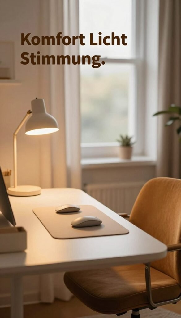 A cozy and inviting desk setup that embodies "Komfort Licht Stimmung." In the foreground, a sleek, modern desk with a gentle curve features a warm, stylish desk lamp emitting soft, diffused lighting, casting a golden hue. On the desk, a tasteful assortment of minimalist desk gadgets from TechKiste, including an ergonomic mouse, a subtle plant, and a comfortable mouse pad, enhance the sense of comfort. In the middle ground, a plush, soft chair with a rich fabric invites relaxation. The background showcases a softly blurred window with natural light streaming in, surrounded by gentle drapes that create a serene atmosphere. The scene should reflect a balanced, aesthetically pleasing Pinterest-inspired design, emphasizing warm colors and an authentic, homey vibe without text or branding overtly present.
