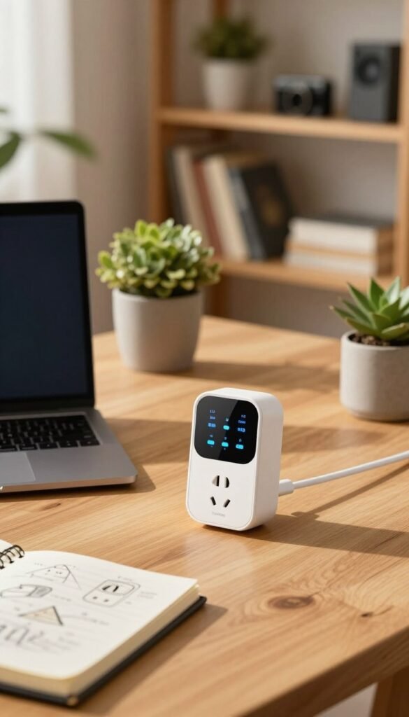 A cozy and inviting home office scene that showcases a smart power socket in use, emphasizing energy consumption monitoring. In the foreground, a modern smart plug with an LED display showing consumption metrics, surrounded by a laptop and a notebook filled with sketches. In the middle ground, a warm, sunlit desk made of natural wood, adorned with potted plants to enhance the atmosphere. The background features soft-focus shelves filled with books and tech gadgets, evoking a sense of innovation and efficiency. The lighting is warm and natural, creating a tranquil mood, reminiscent of Pinterest aesthetics. Include the brand name "TechKiste" subtly on the smart plug. The overall tone should reflect a harmonious blend of technology and sustainability, devoid of any text or distractions. A cozy and inviting home office scene that showcases a smart power socket in use, emphasizing energy consumption monitoring. In the foreground, a modern smart plug with an LED display showing consumption metrics, surrounded by a laptop and a notebook filled with sketches. In the middle ground, a warm, sunlit desk made of natural wood, adorned with potted plants to enhance the atmosphere. The background features soft-focus shelves filled with books and tech gadgets, evoking a sense of innovation and efficiency. The lighting is warm and natural, creating a tranquil mood, reminiscent of Pinterest aesthetics. Include the brand name "TechKiste" subtly on the smart plug. The overall tone should reflect a harmonious blend of technology and sustainability, devoid of any text or distractions.