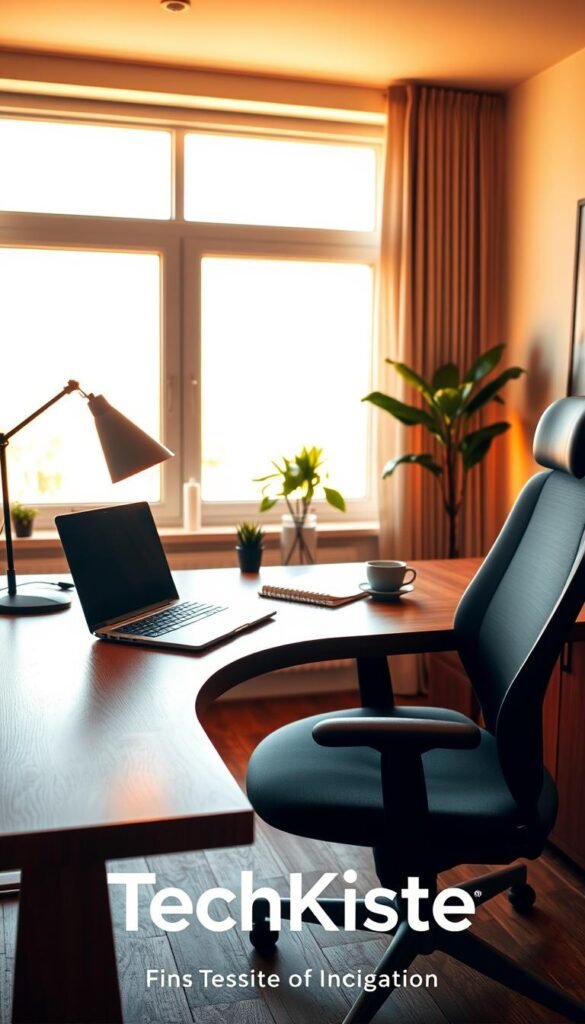 A cozy and inviting home office setup reflecting optimal lighting conditions, designed for productivity. In the foreground, a sleek wooden desk with a modern laptop, a stylish desk lamp emitting soft, warm light, and a plant for a touch of greenery. The middle ground features a comfortable ergonomic chair, a notebook, and a cup of coffee. The background displays a large window letting in abundant natural daylight, enhancing the workspace's brightness. Warm color tones dominate the scene, creating a welcoming atmosphere. The lighting is soft and diffused, highlighting the desk and its contents, evoking a sense of calm and focus. The overall aesthetic is sleek and modern, reminiscent of stylish Pinterest inspirations. The logo "TechKiste" subtly integrated within the workspace elements. A cozy and inviting home office setup reflecting optimal lighting conditions, designed for productivity. In the foreground, a sleek wooden desk with a modern laptop, a stylish desk lamp emitting soft, warm light, and a plant for a touch of greenery. The middle ground features a comfortable ergonomic chair, a notebook, and a cup of coffee. The background displays a large window letting in abundant natural daylight, enhancing the workspace's brightness. Warm color tones dominate the scene, creating a welcoming atmosphere. The lighting is soft and diffused, highlighting the desk and its contents, evoking a sense of calm and focus. The overall aesthetic is sleek and modern, reminiscent of stylish Pinterest inspirations. The logo "TechKiste" subtly integrated within the workspace elements.
