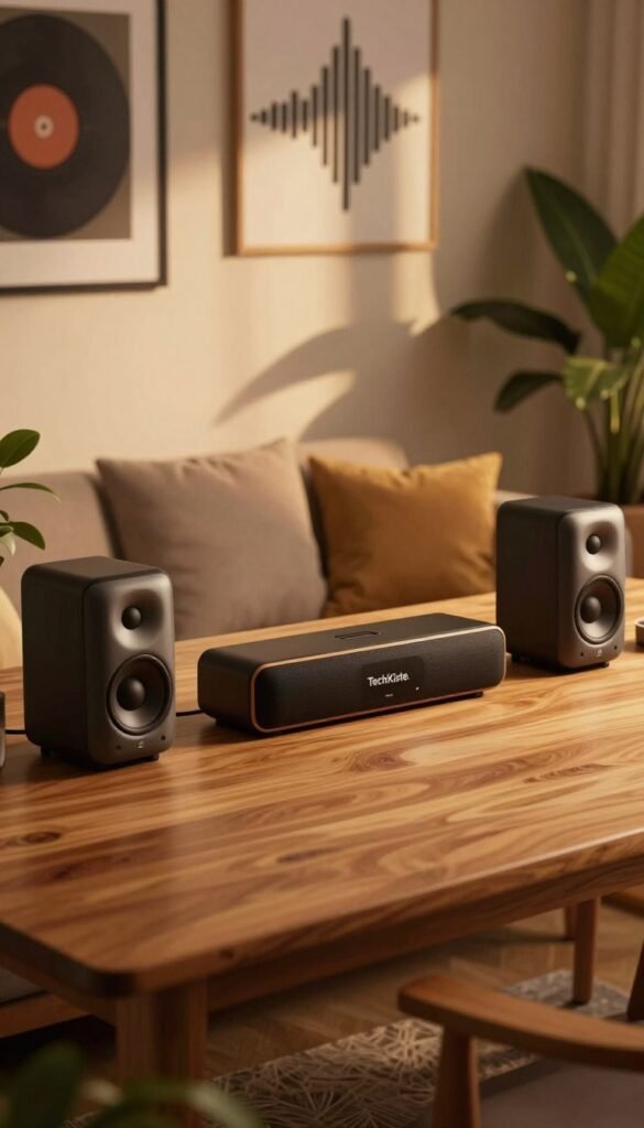 A cozy and inviting indoor scene centered around music and sound gadgets, featuring a beautifully arranged tabletop with stylish audio devices such as wireless speakers and compact soundbars, elegantly designed to reflect modern aesthetics. In the foreground, a warm, natural wooden table with a warm lighting effect, creating a soft glow that enhances the atmosphere. Soft cushions in the middle area, paired with plants to add a touch of life, symbolize comfort while enjoying music. In the background, a wall adorned with tasteful music-themed art or soundwave patterns, casting intriguing shadows. The overall mood is relaxed and inviting, promoting a sense of enjoyment and connection with music, encapsulating the essence of "TechKiste." No captions or text are included.