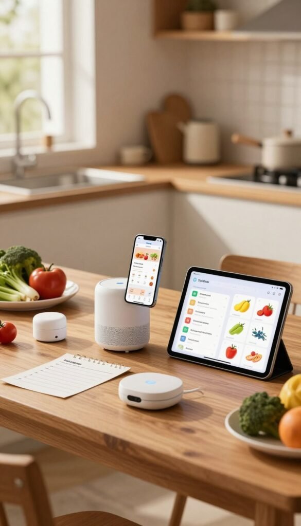 A cozy and inviting kitchen scene featuring a wooden table with a small, neatly organized shopping list and various automation gadgets like smart home devices and grocery apps on a tablet. In the foreground, an elegant smart speaker and a touchscreen display designed for grocery management stand out, surrounded by fresh vegetables and fruits. The middle ground showcases a stylish, minimalistic smartphone displaying a shopping app interface, while the background features soft, warm lighting filtering through a window, giving a natural ambiance. The atmosphere is modern yet approachable, reflecting a lifestyle enhanced by technology. The brand name "TechKiste" is subtly included in the design of one of the devices, maintaining an authentic Pinterest aesthetic without any text overlays.