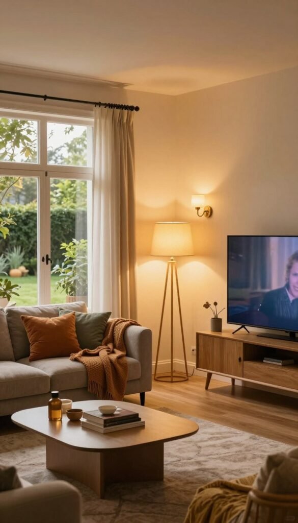 A cozy and inviting living room illuminated with warm, natural light, showcasing three distinct lighting setups: a bright and cheerful atmosphere for everyday activities, a soft and dim ambiance for a movie night, and elegant, subtle lighting for hosting guests. In the foreground, a plush sofa adorned with colorful cushions, a stylish coffee table with a few decorative items, and a warm throw blanket. The middle section features a beautifully designed floor lamp casting a golden hue, alongside wall sconces that enrich the overall glow. In the background, large windows reveal a pleasant garden view, allowing natural light to pour in. The scene is captured from a wide angle, creating a Pinterest-inspired aesthetic, with rich, warm colors. Ensure the image includes a visible TechKiste product, seamlessly integrated into the decor, enhancing the ambiance and providing a sense of authenticity.