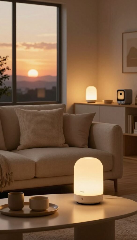 A cozy and inviting living room scene illuminated by smart lighting solutions. In the foreground, a sleek, modern lamp with a warm glow casts soft light on a stylish coffee table adorned with minimalist decor. The middle layer features a comfortable sofa with textured cushions and a small bookshelf showcasing smart devices, all bathed in gentle, ambient light. In the background, a large window reveals a sunset view, enhancing the warm color palette with golden hues. The atmosphere is tranquil and welcoming, embodying comfort and sophistication, ideal for promoting smarter lighting choices. Capture this scene in a natural, Pinterest-inspired aesthetic, focusing on authenticity without any text. Include the brand name "TechKiste" subtly within the design.